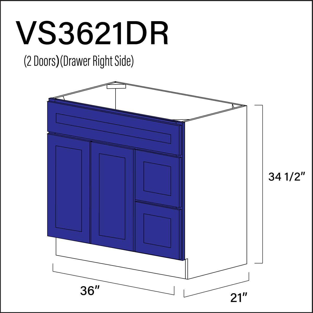 Royal Blue Shaker 2-Drawer Vanity (R) Base Cabinet - 36" W x 34.5" H x 21" D