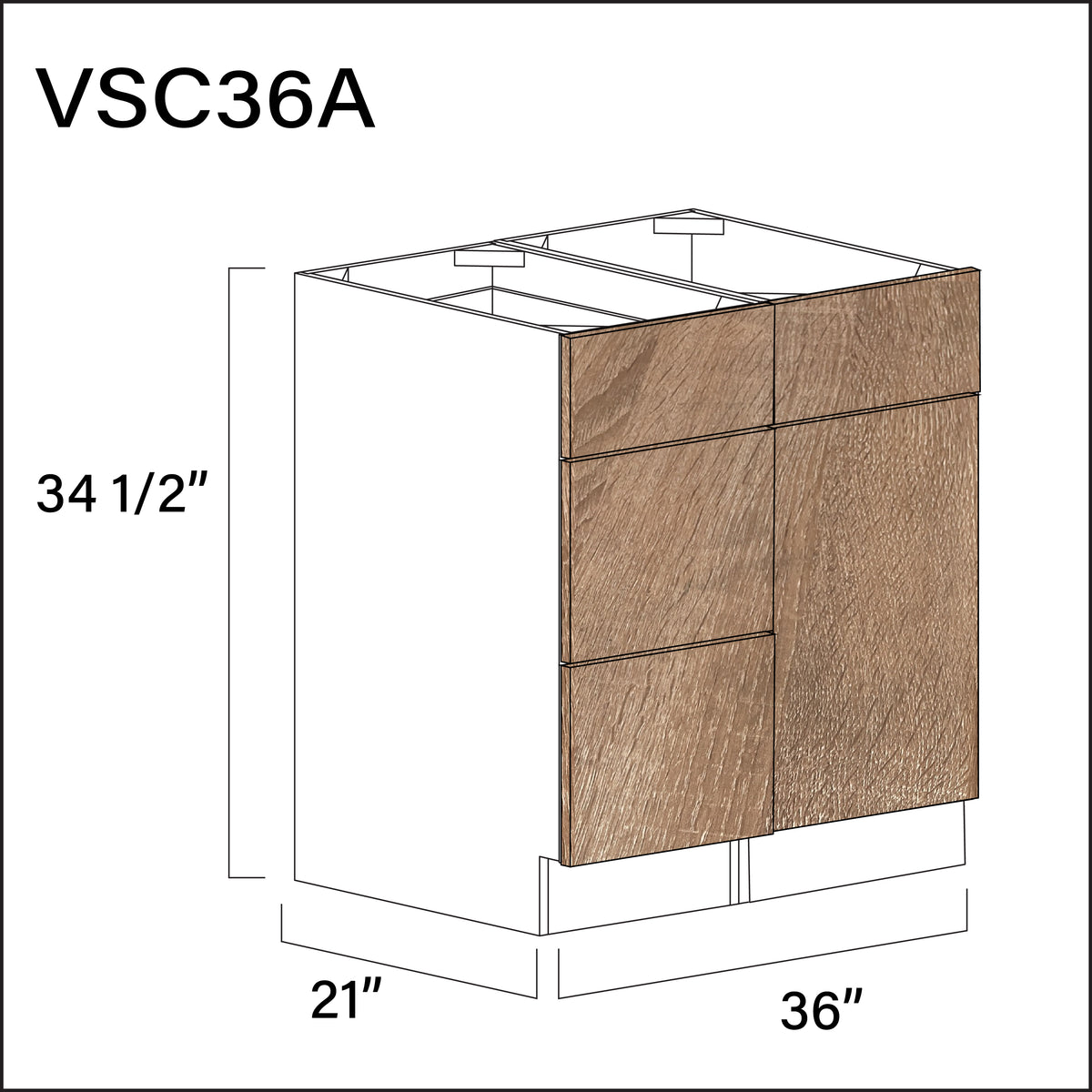 Textured Oak Frameless Vanity Sink Combo A Cabinets - 36" W x 34.5" H x 21" D