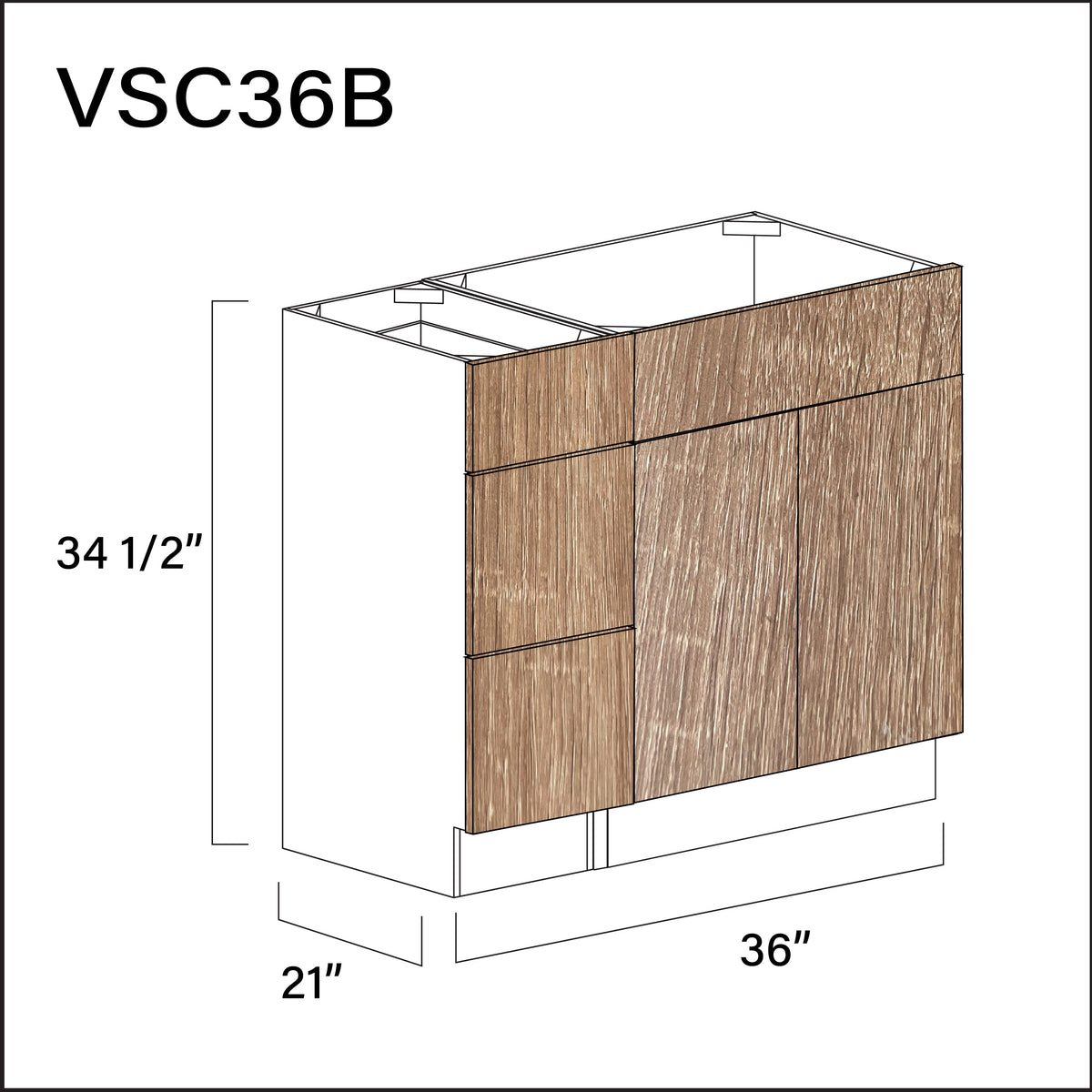 Textured Oak Frameless Vanity Sink Combo B Cabinets - 36" W x 34.5" H x 21" D