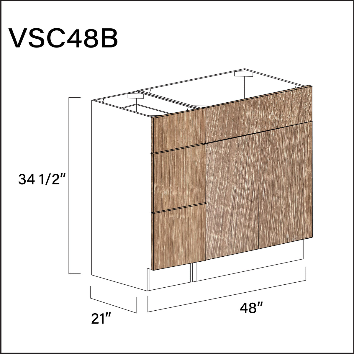 Textured Oak Frameless Vanity Sink Combo B Cabinets - 48" W x 34.5" H x 21" D