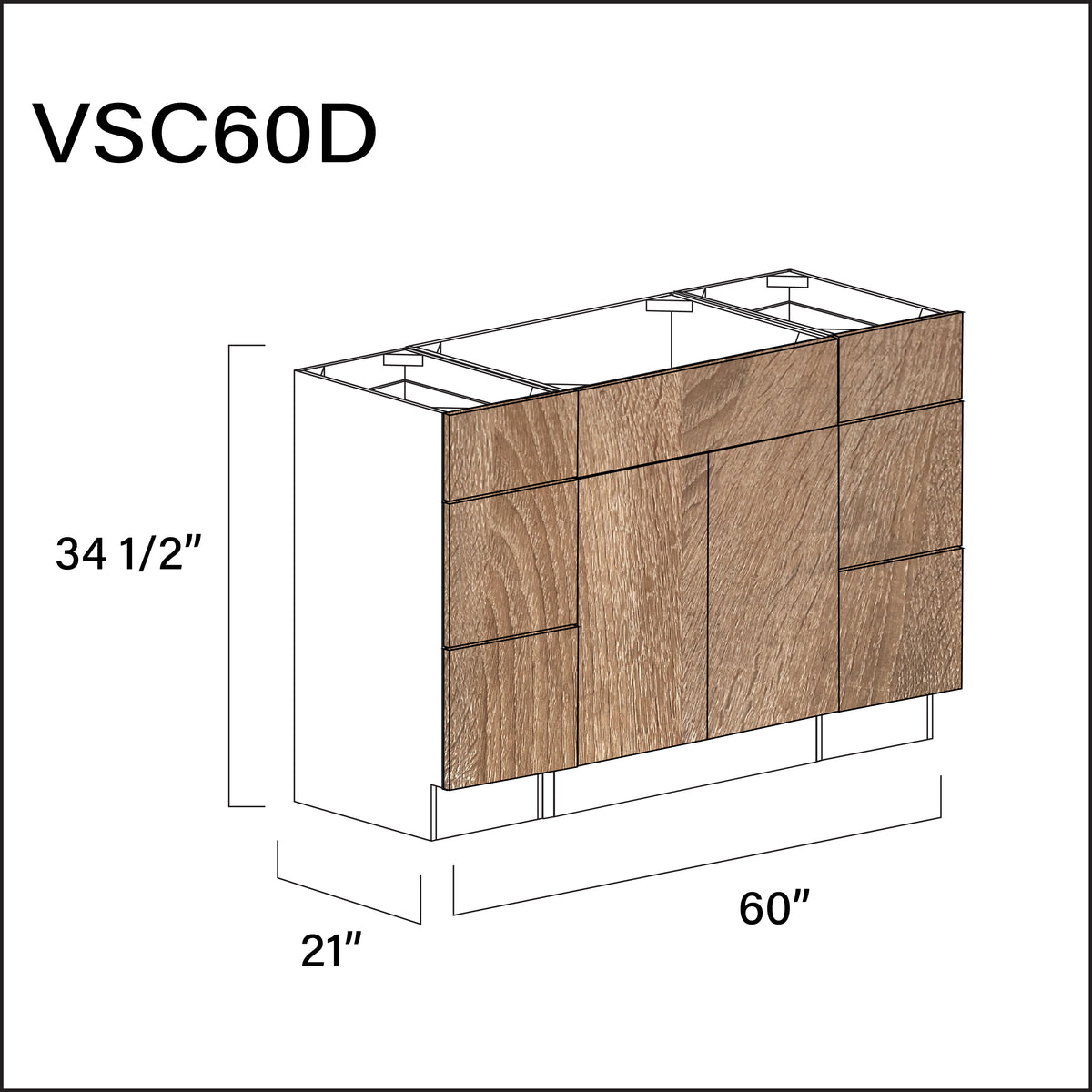Textured Oak Frameless Vanity Sink Combo D Cabinets - 60" W x 34.5" H x 21" D