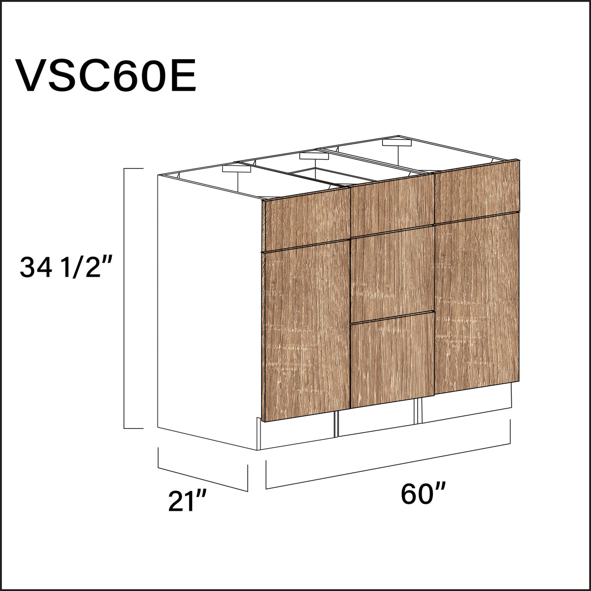 Textured Oak Frameless Vanity Sink Combo E Cabinets - 60" W x 34.5" H x 21" D