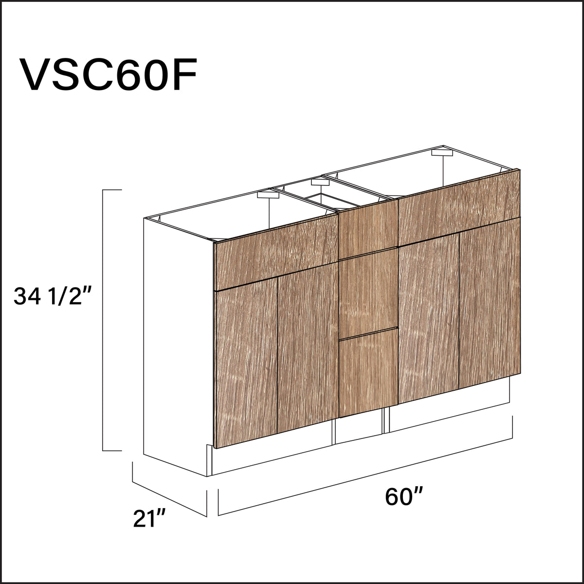 Textured Oak Frameless Vanity Sink Combo F Cabinets - 60" W x 34.5" H x 21" D