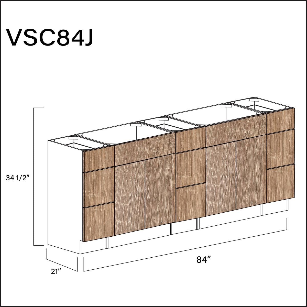 Textured Oak Frameless Vanity Sink Combo J Cabinets - 84" W x 34.5" H x 21" D