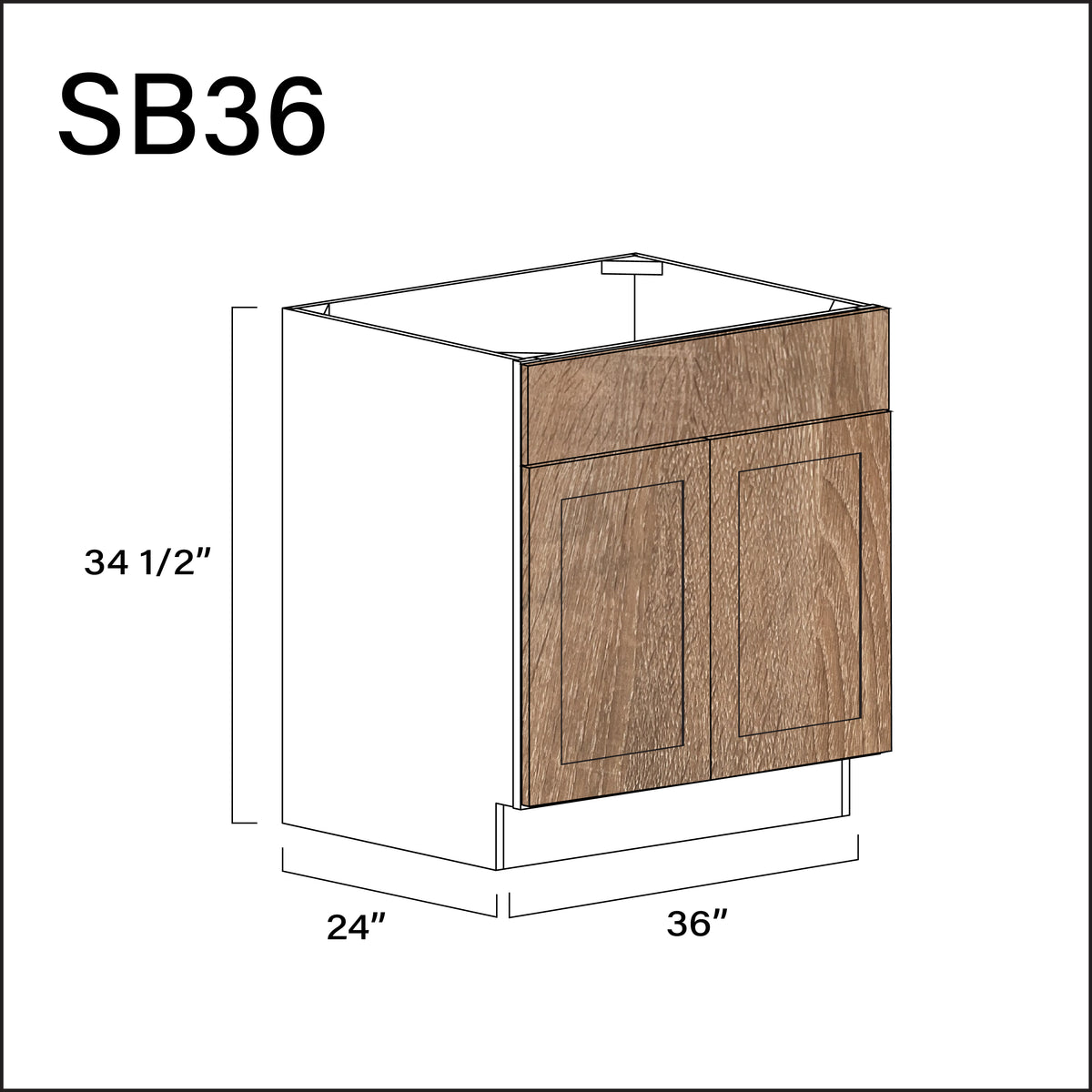 Textured Oak Shaker Sink Base Kitchen Cabinet - 36" W x 34.5" H x 24" D