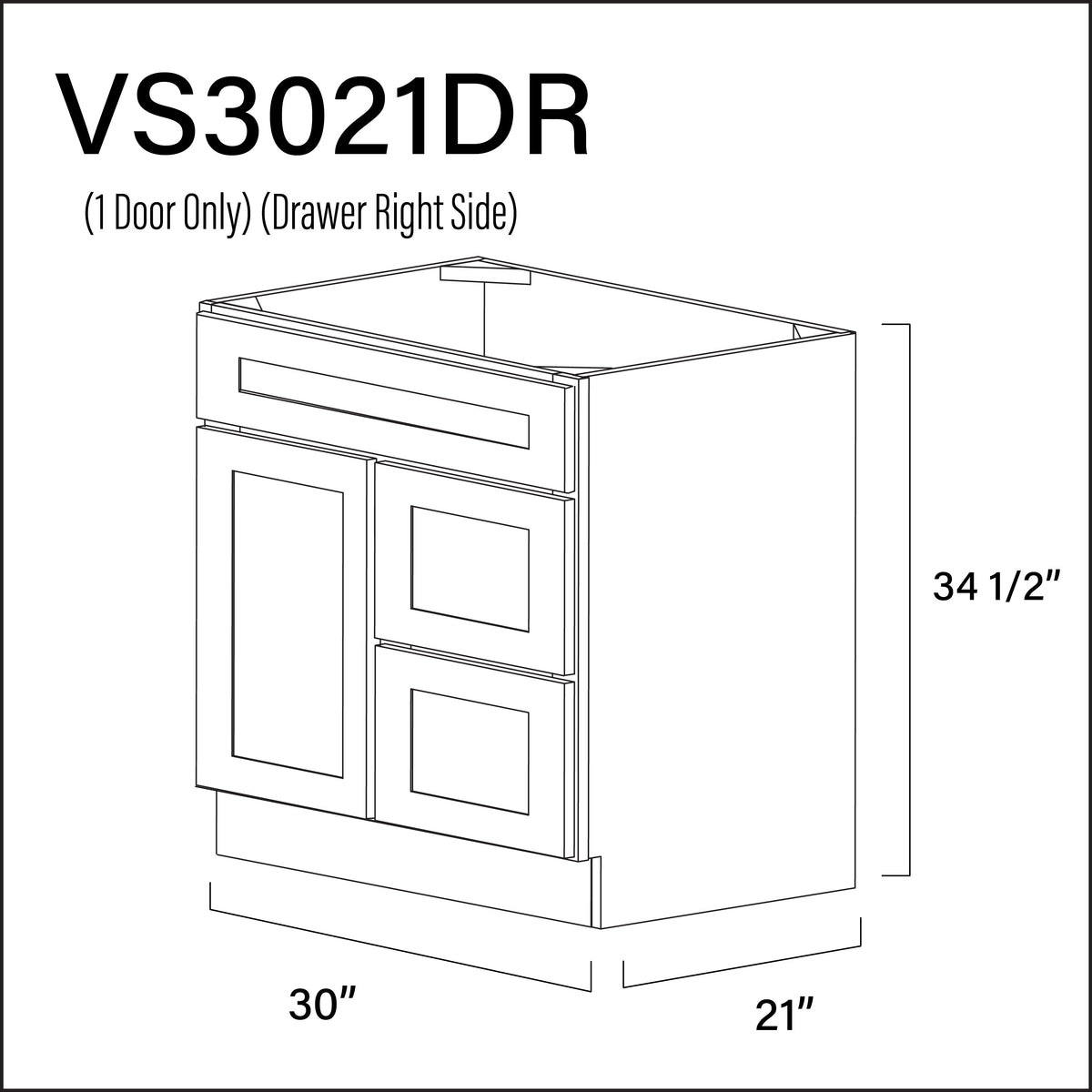 White Shaker 2-Drawer Vanity (R) Base Cabinet - 30" W x 34.5" H x 21" D