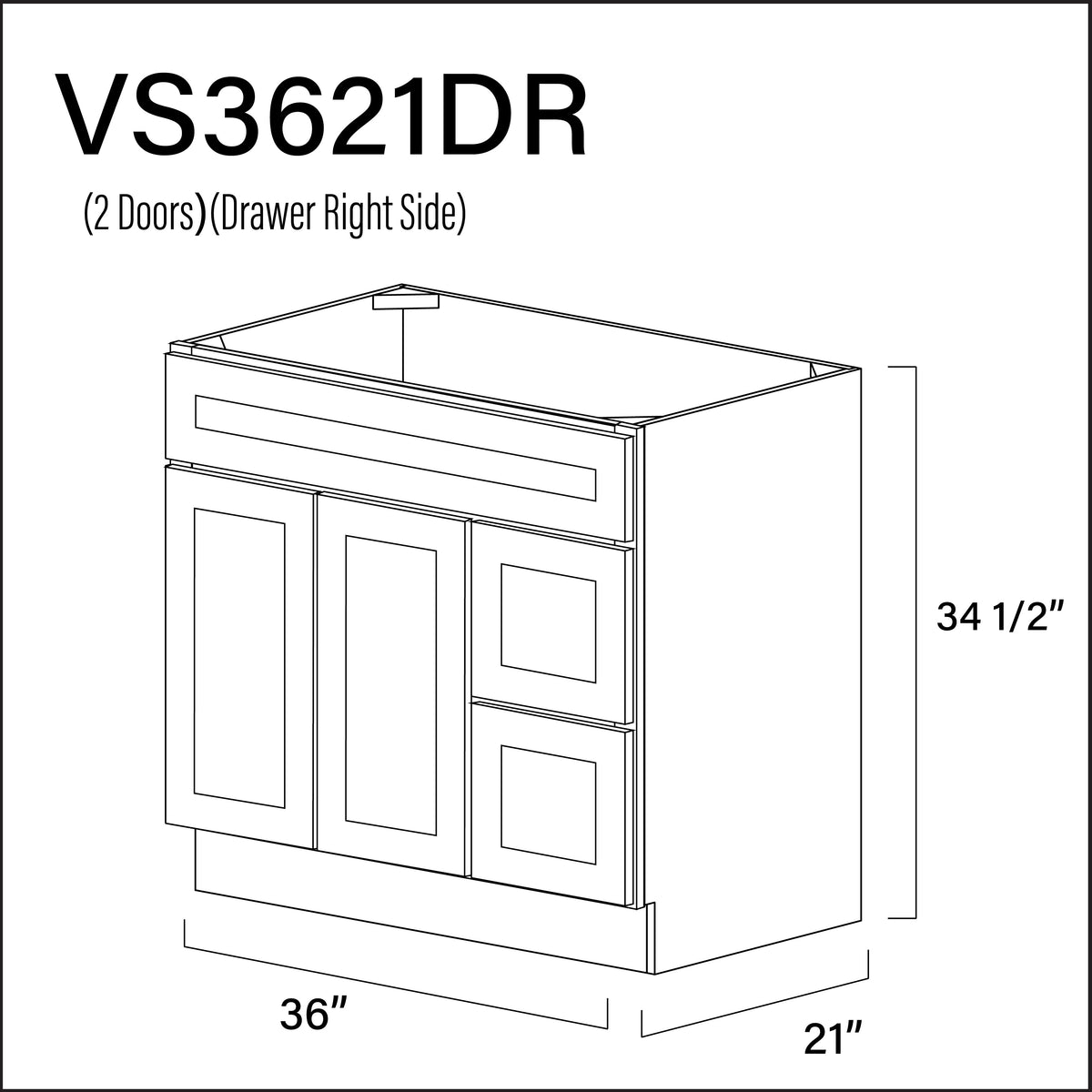 White Shaker 2-Drawer Vanity (R) Base Cabinet - 36" W x 34.5" H x 21" D