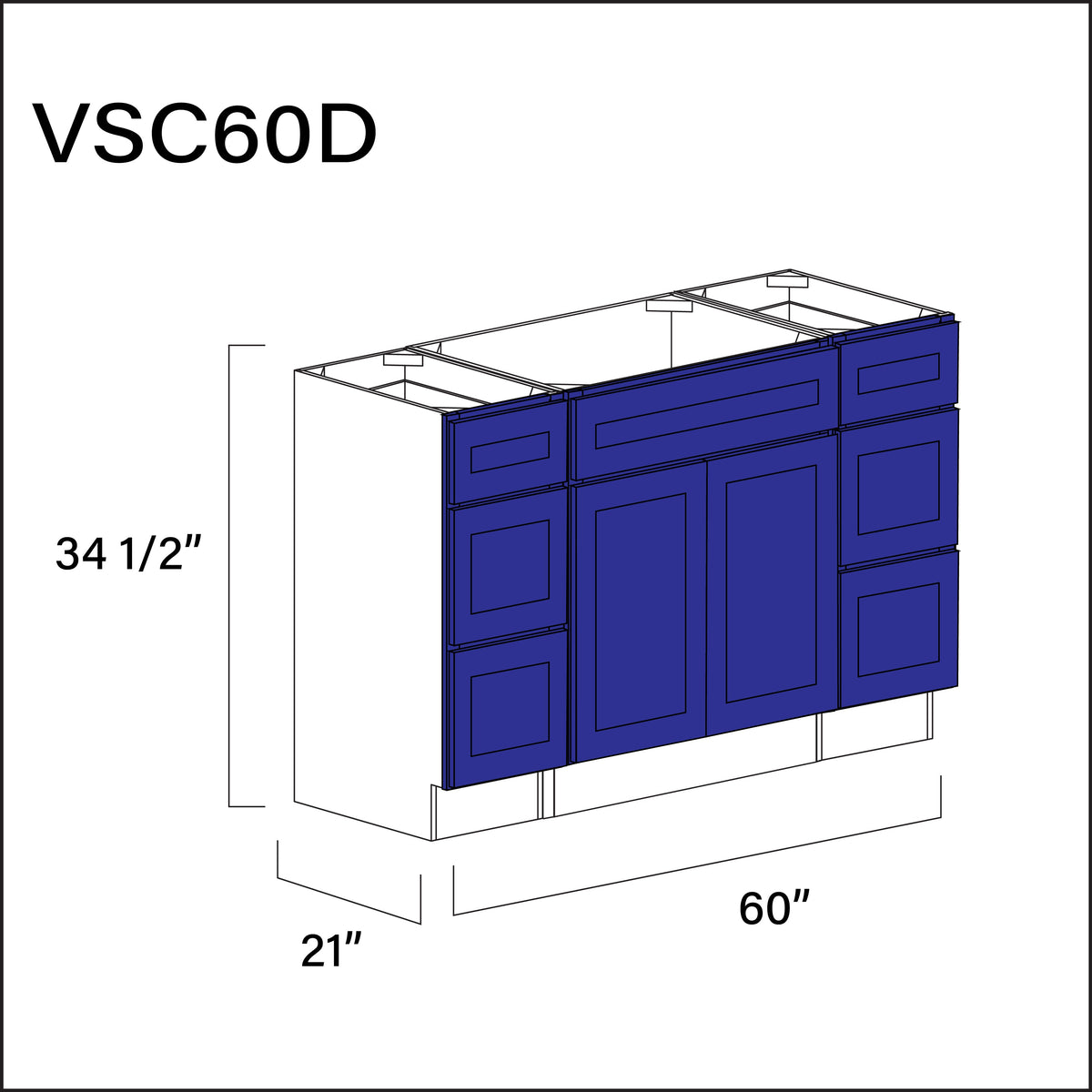 Royal Blue Shaker Vanity Sink Combo D Cabinets - 60" W x 34.5" H x 21" D