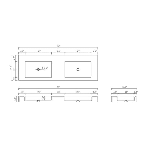 Arba 59" x 19" Solid Surface Basin Double Vanity With Sinks in Matte White