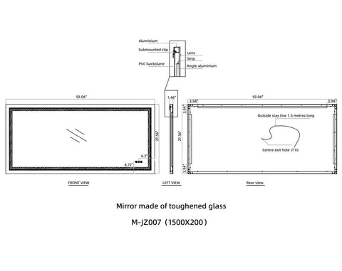 Arba 60" x 28" Frameless Rectangular Anti-Fog Adjustable LED Light Bathroom Vanity Mirror With Aluminum Alloy Back Frame