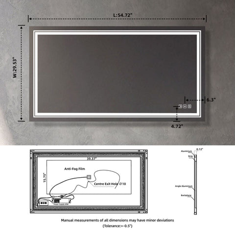 Arba 55" x 30" Frameless Rectangular Anti-Fog Adjustable LED Light Bathroom Vanity Mirror With Aluminum Alloy Back Frame