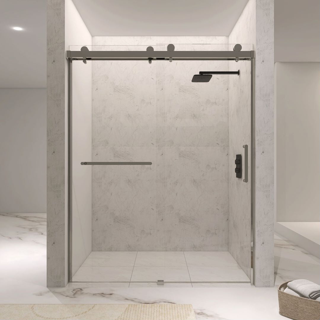 Arba 76" Tall Single Door Shower Door Aluminum and Glass in Brushed Nickel