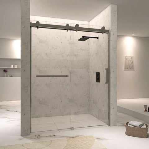 Arba 76" Tall Single Door Shower Door Aluminum and Glass in Brushed Nickel