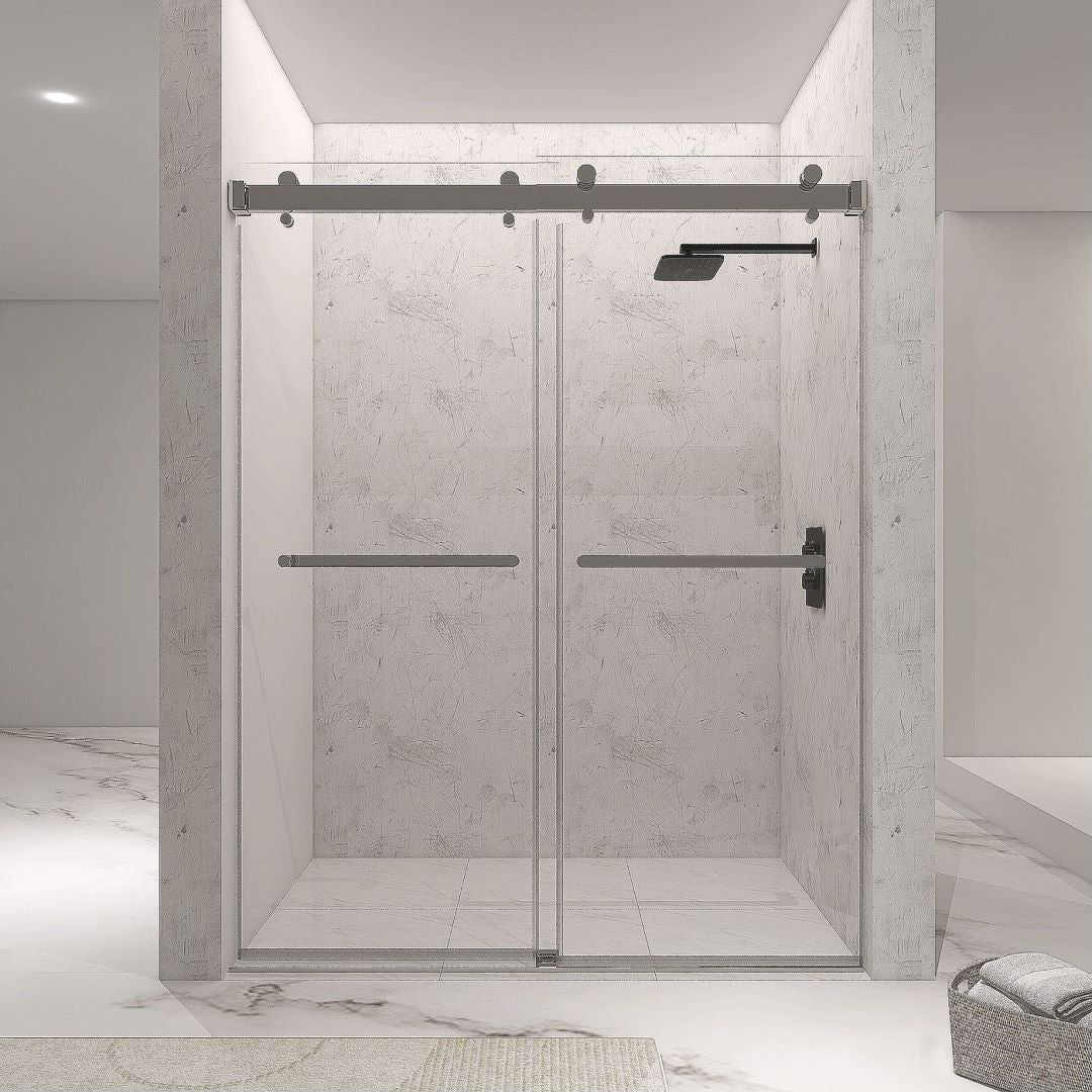 Arba 76" Tall Double Door Shower Door Aluminum and Glass in Brushed Nickel