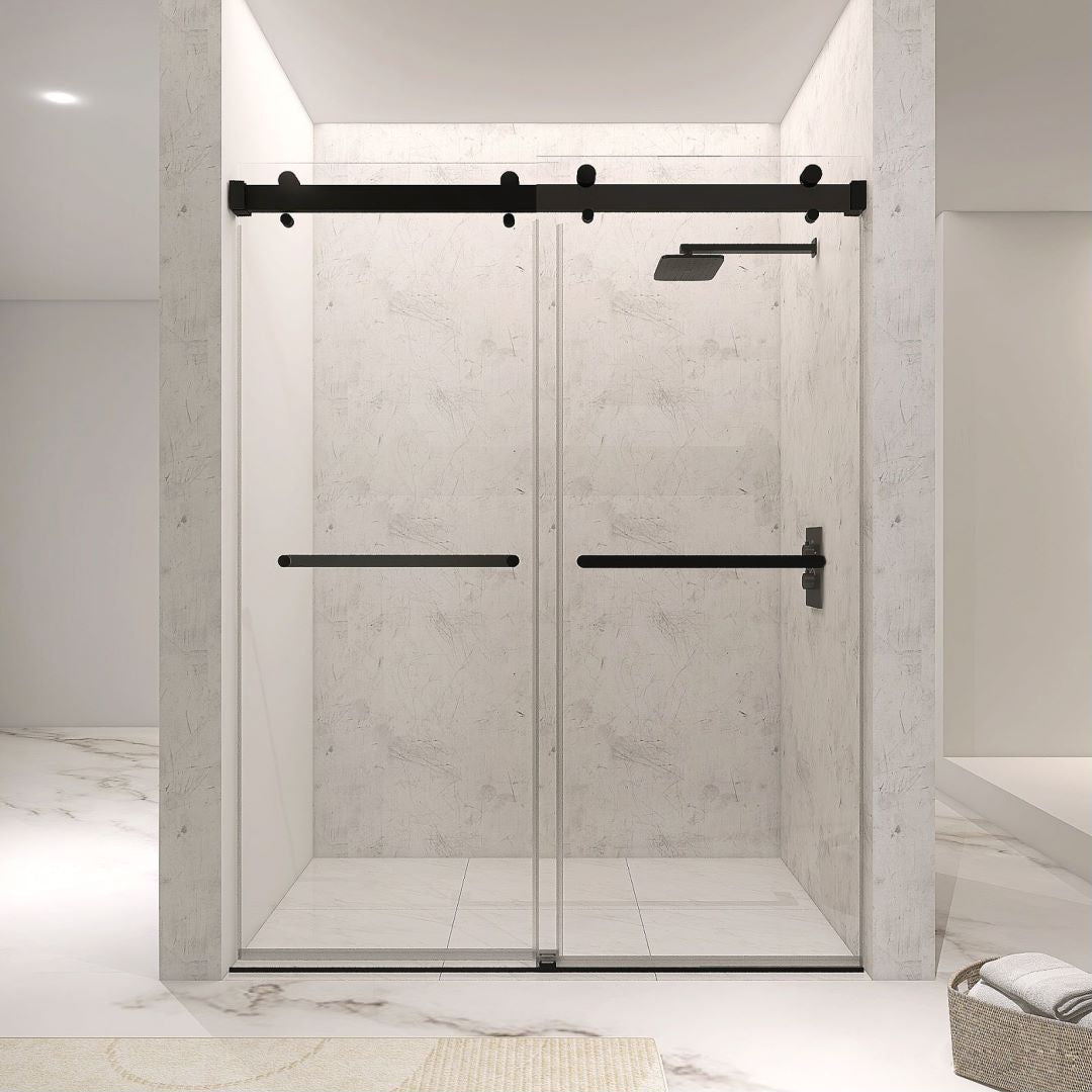 Arba 76" Tall Double Door Shower Door Aluminum and Glass in Matte Black