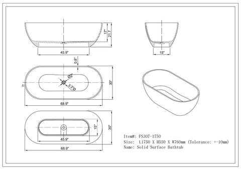 Arba 69" x 30" Freestanding Solid Surface Bathtub in Transparent Gray