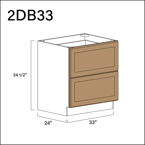 Wood Brown Shaker 2 Drawer Kitchen Base Cabinet - 33" W x 34.5" H x 24" D