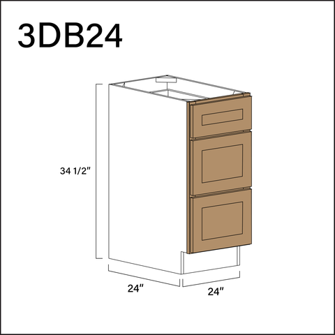 Wood Brown Shaker 3 Drawer Kitchen Base Cabinet - 24" W x 34.5" H x 24" D