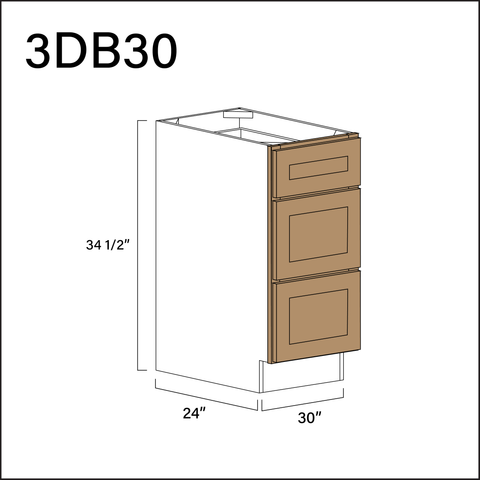 Wood Brown Shaker 3 Drawer Kitchen Base Cabinet - 30" W x 34.5" H x 24" D