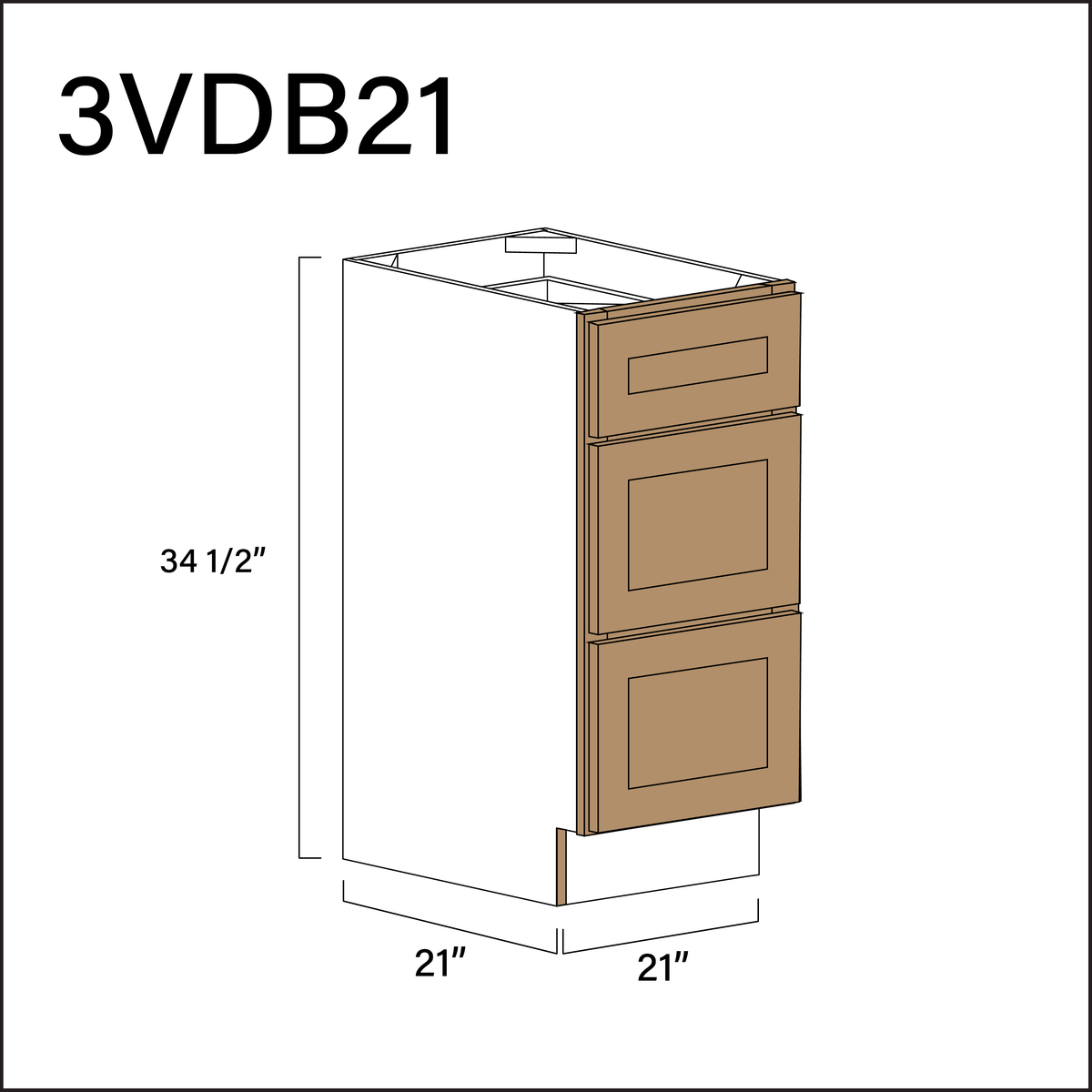 Wood Brown Shaker Vanity 3-Drawer Storage Cabinet - 21" W x 34.5" H x 21" D