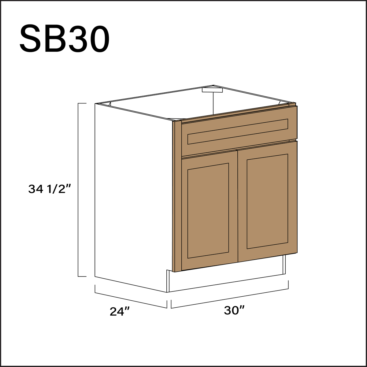 Wood Brown Shaker Sink Base Kitchen Cabinet - 30" W x 34.5" H x 24" D