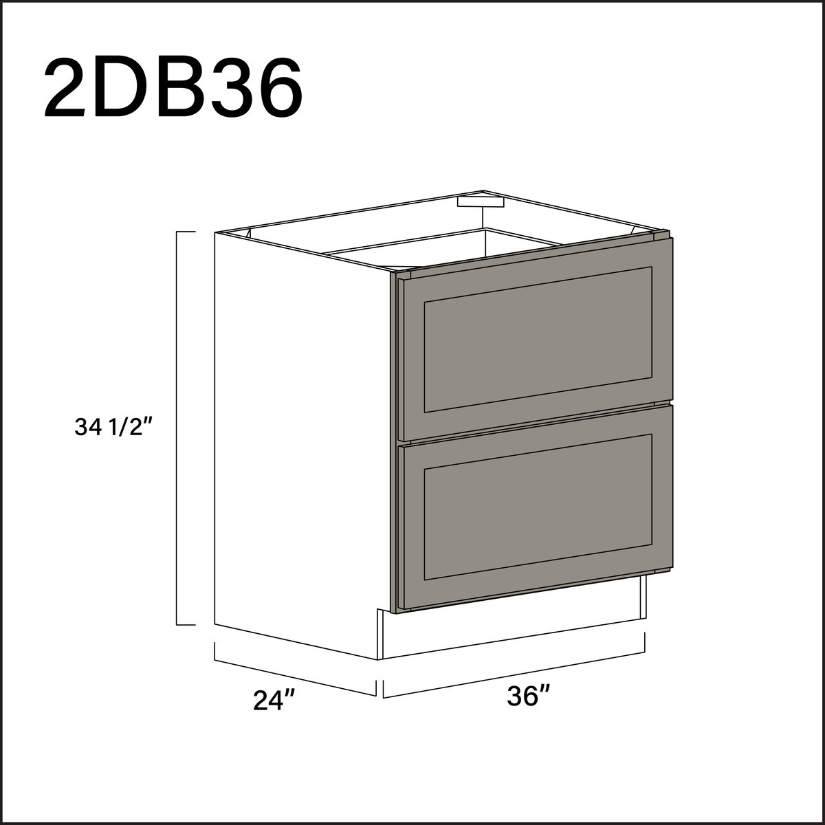 Dark Taupe Shaker 2 Drawer Kitchen Base Cabinet - 36" W x 34.5" H x 24" D