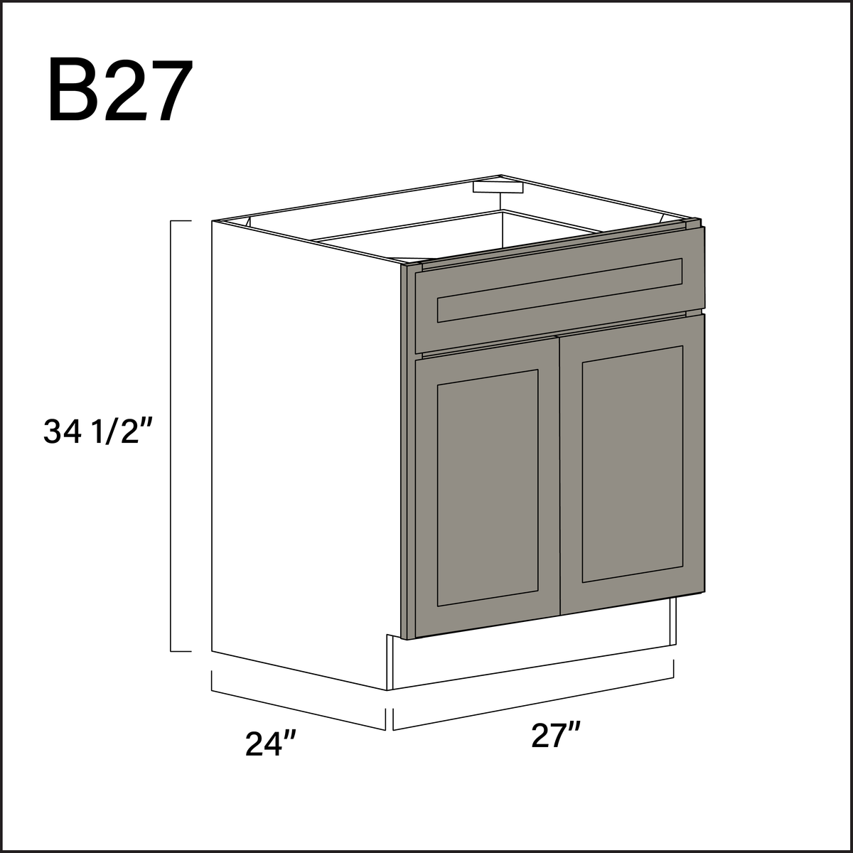 Dark Taupe Shaker 1 Drawer 2 Door Kitchen Base Cabinet - 27" W x 34.5" H x 24" D