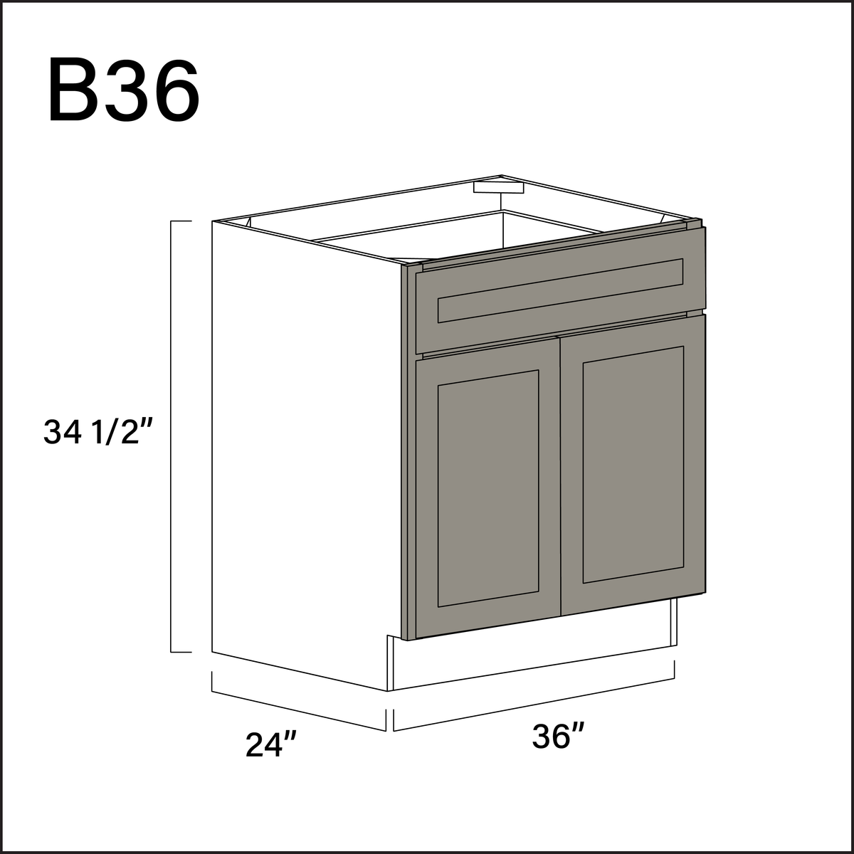 Dark Taupe Shaker 1 Drawer 2 Door Kitchen Base Cabinet - 36" W x 34.5" H x 24" D