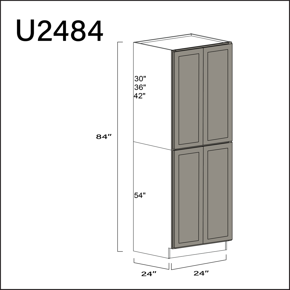 Dark Taupe Shaker Double Door Pantry Cabinet - 24" W x 84" H x 24" D