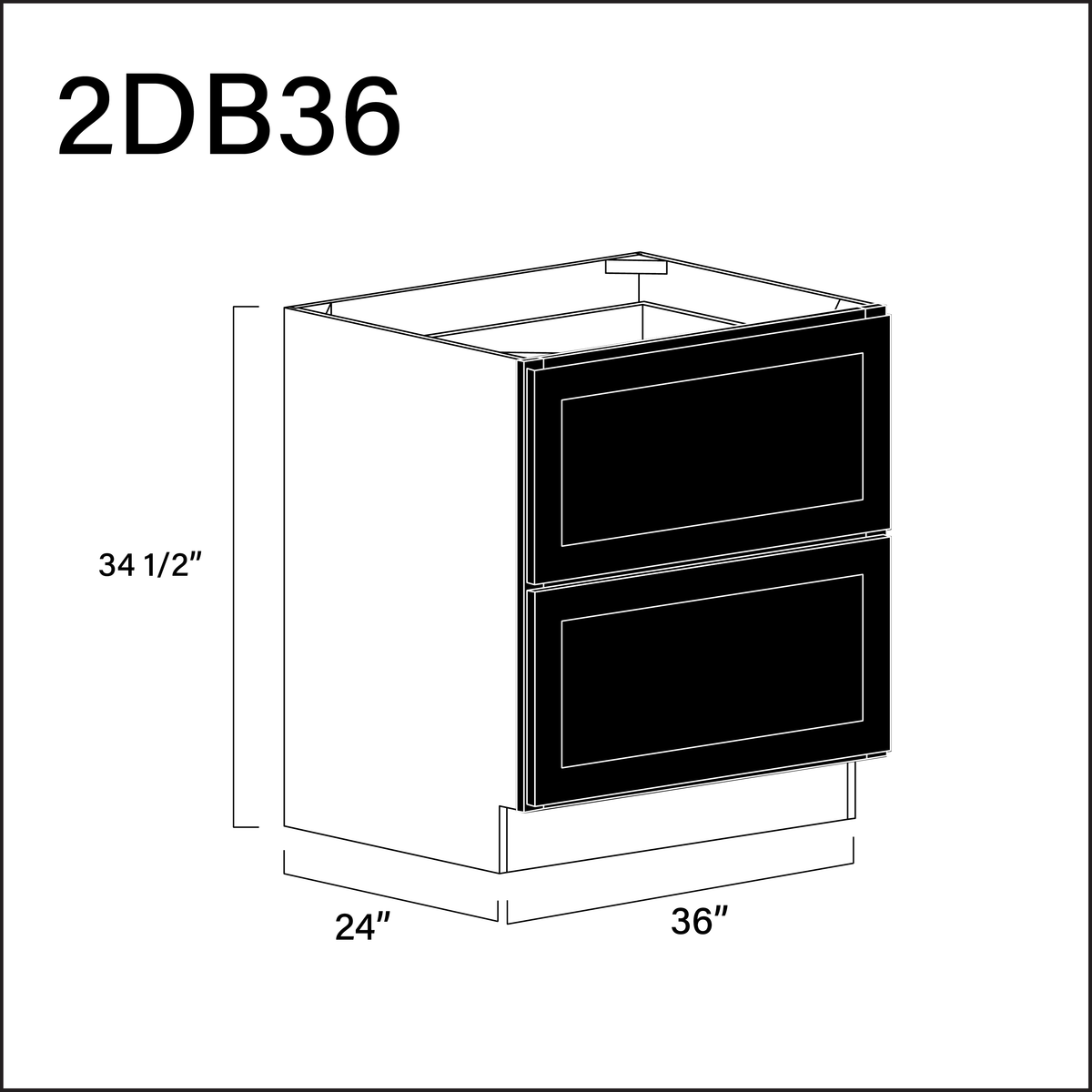 Black Shaker 2 Drawer Kitchen Base Cabinet - 36" W x 34.5" H x 24" D