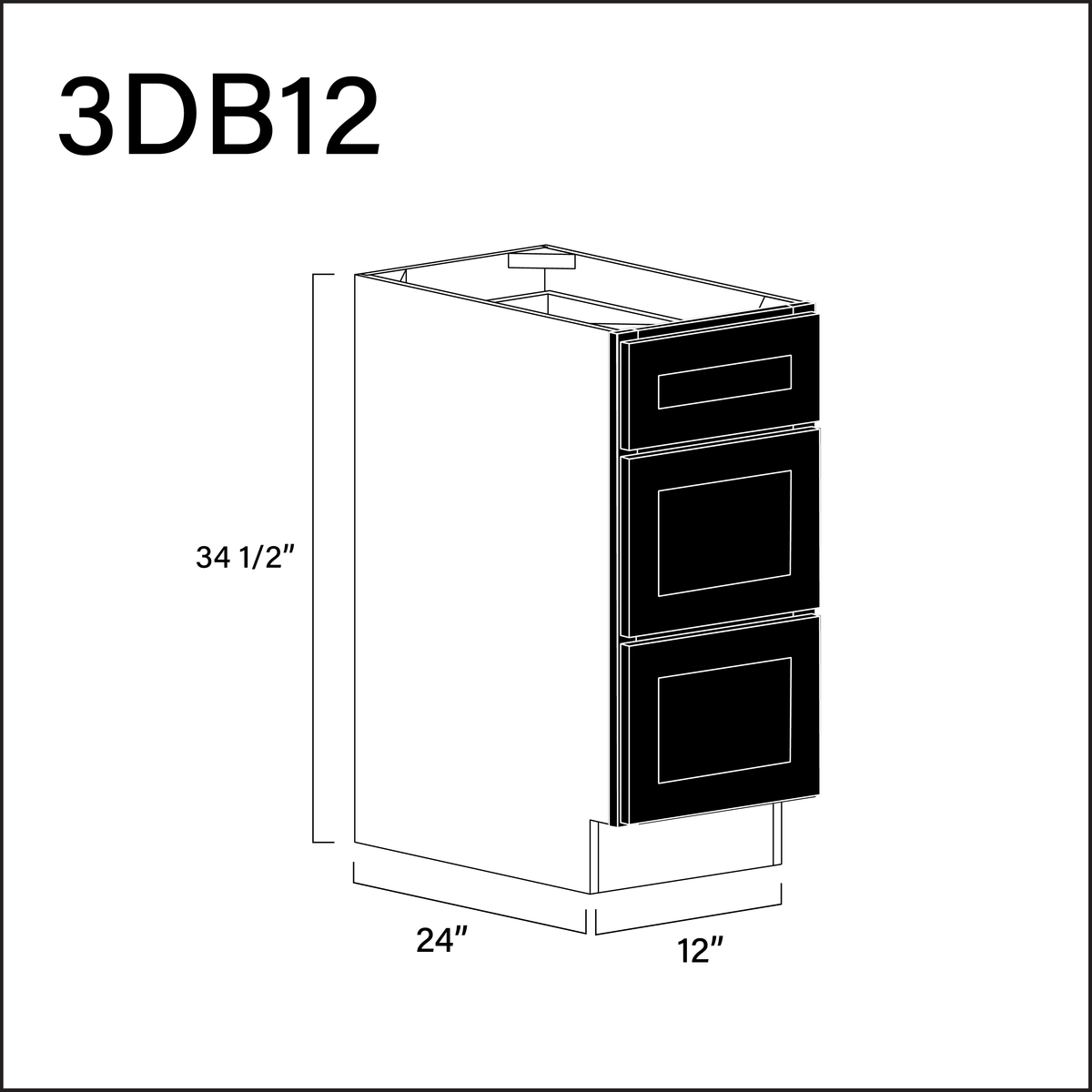 Black Shaker 3 Drawer Kitchen Base Cabinet - 12" W x 34.5" H x 24" D