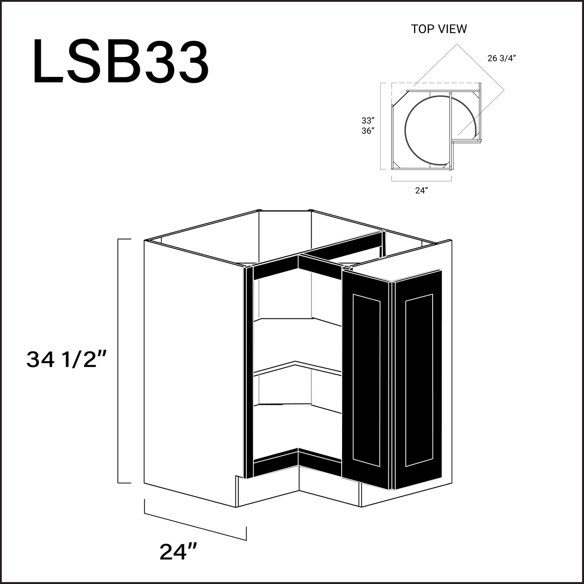 Black Shaker Lazy Susan Kitchen Cabinet - 33" W x 34.5" H x 24" D