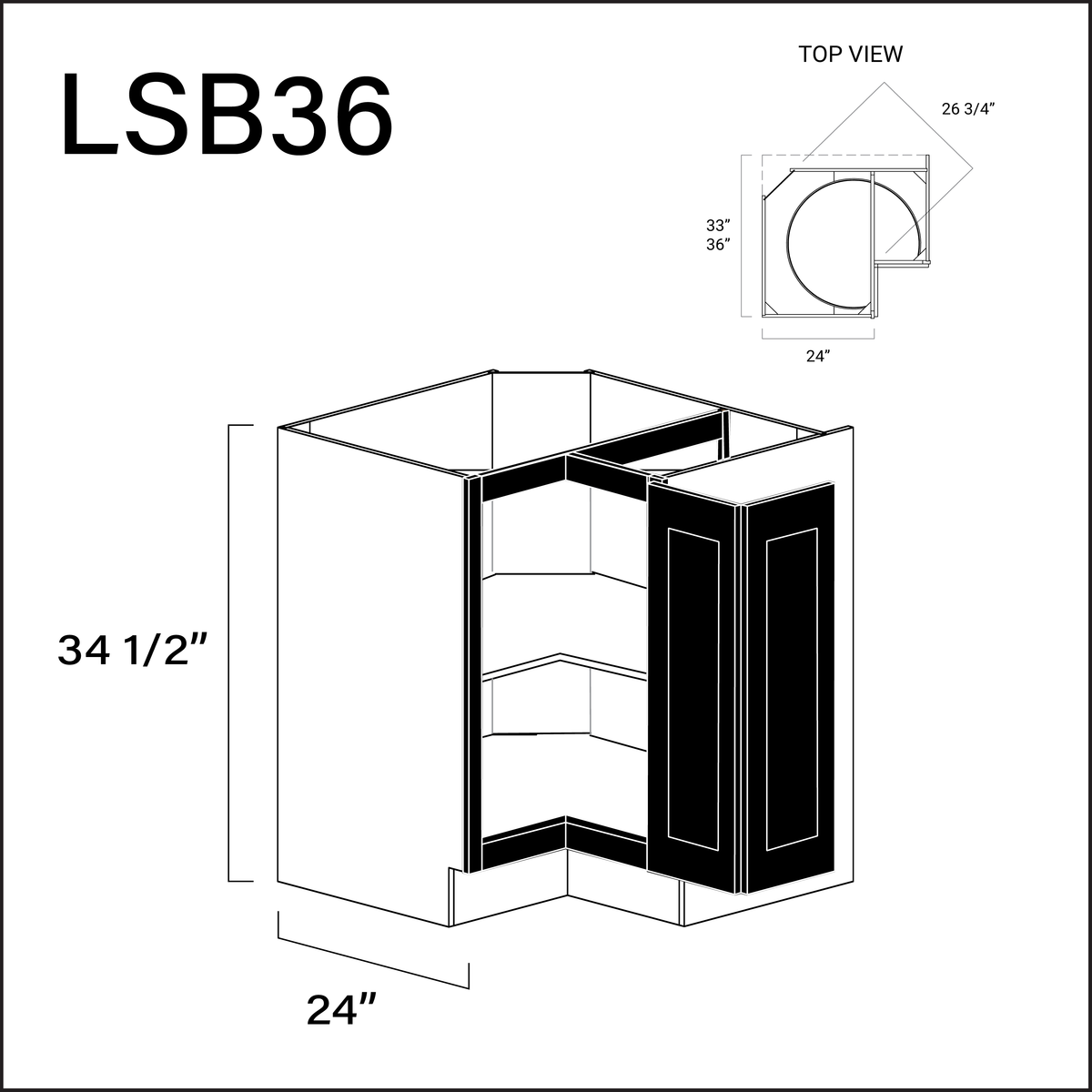 Black Shaker Lazy Susan Kitchen Cabinet - 36" W x 34.5" H x 24" D