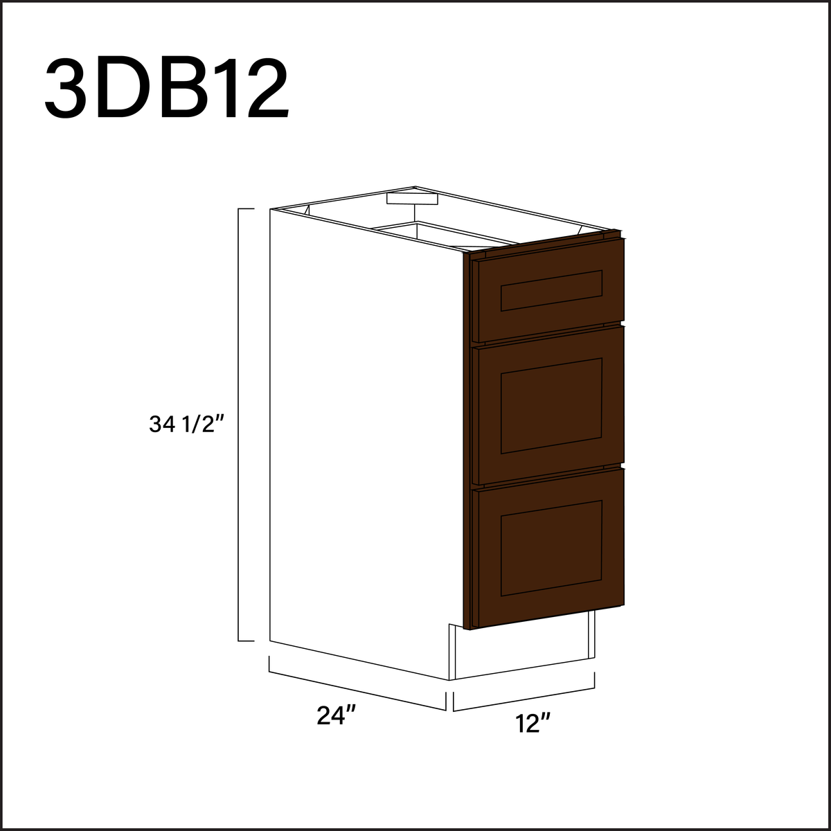 Espresso Shaker 3 Drawer Kitchen Base Cabinet - 12" W x 34.5" H x 24" D