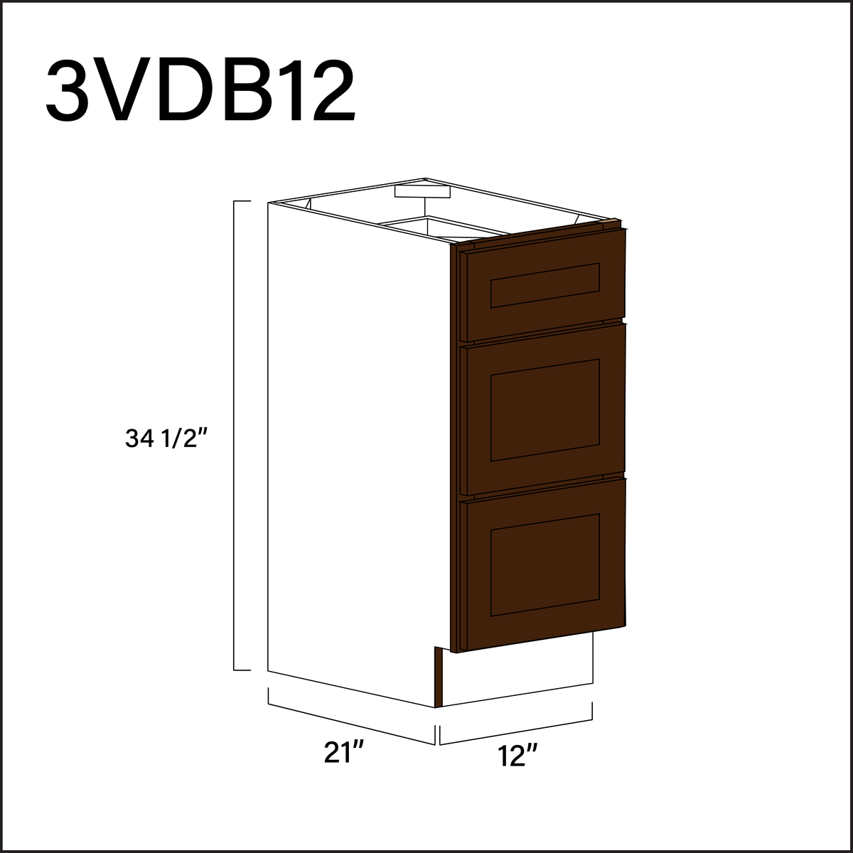 Espresso Shaker Vanity 3-Drawer Storage Cabinet - 12" W x 34.5" H x 21" D