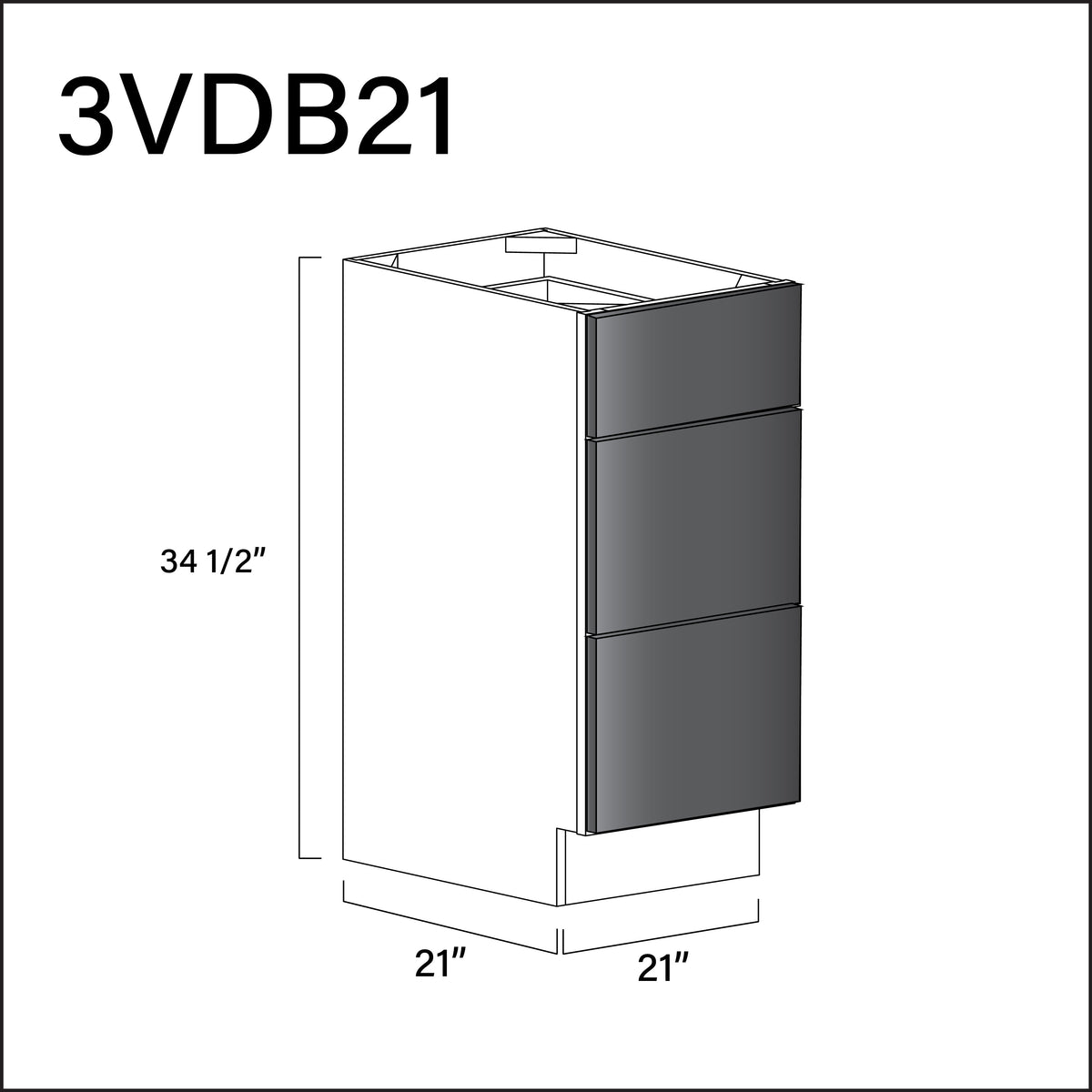 Glossy Gray Frameless Vanity 3-Drawer Storage Cabinet - 21" W x 34.5" H x 21" D