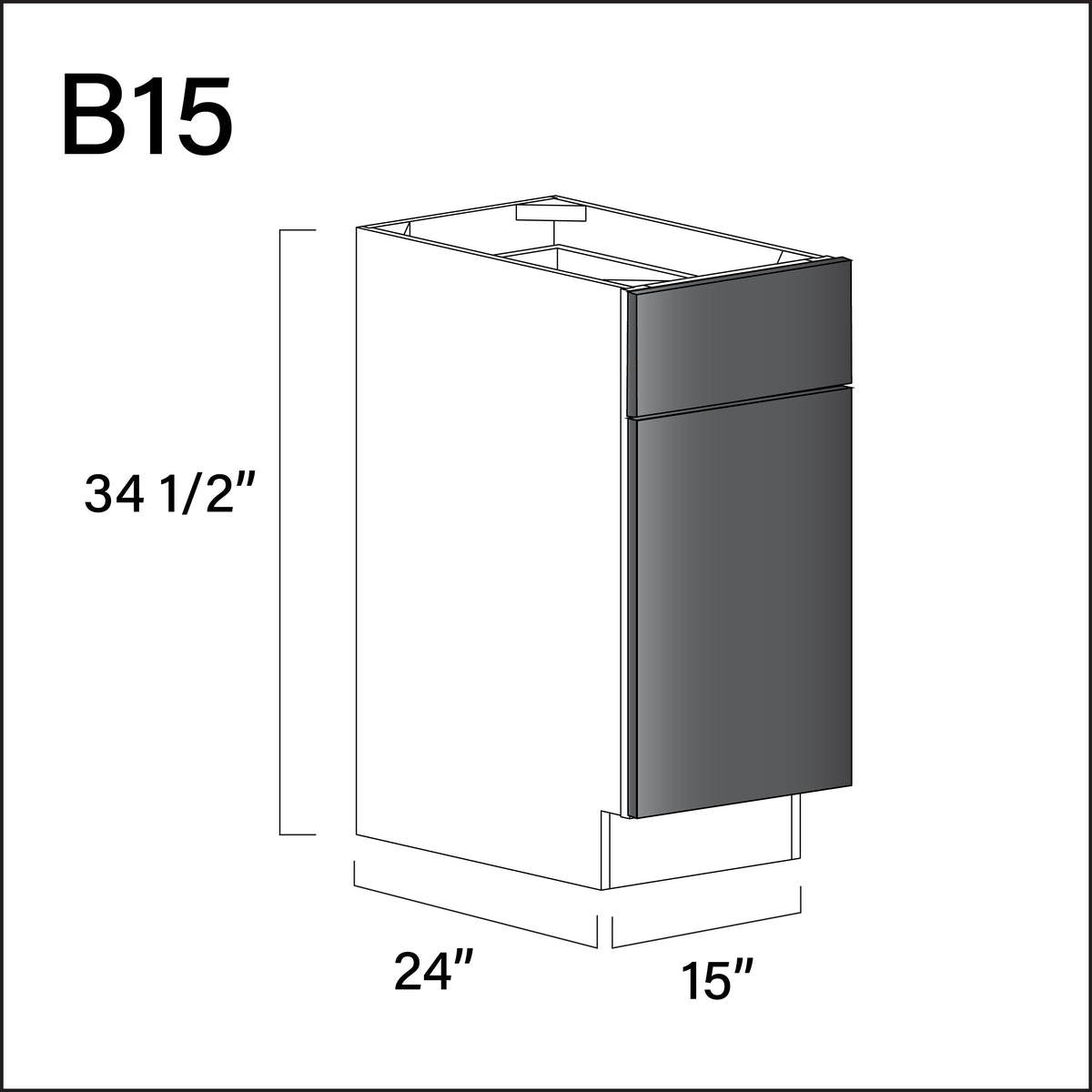 Glossy Gray Frameless 1 Drawer 1 Door Kitchen Base Cabinet - 15" W x 34.5" H x 24" D