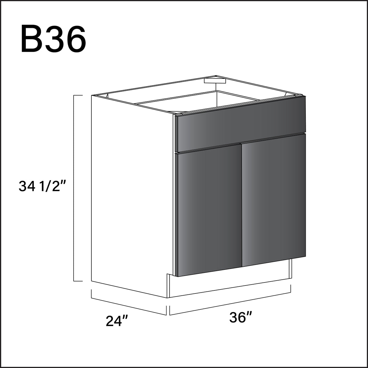 Glossy Gray Frameless 1 Drawer 2 Door Kitchen Base Cabinet - 36" W x 34.5" H x 24" D
