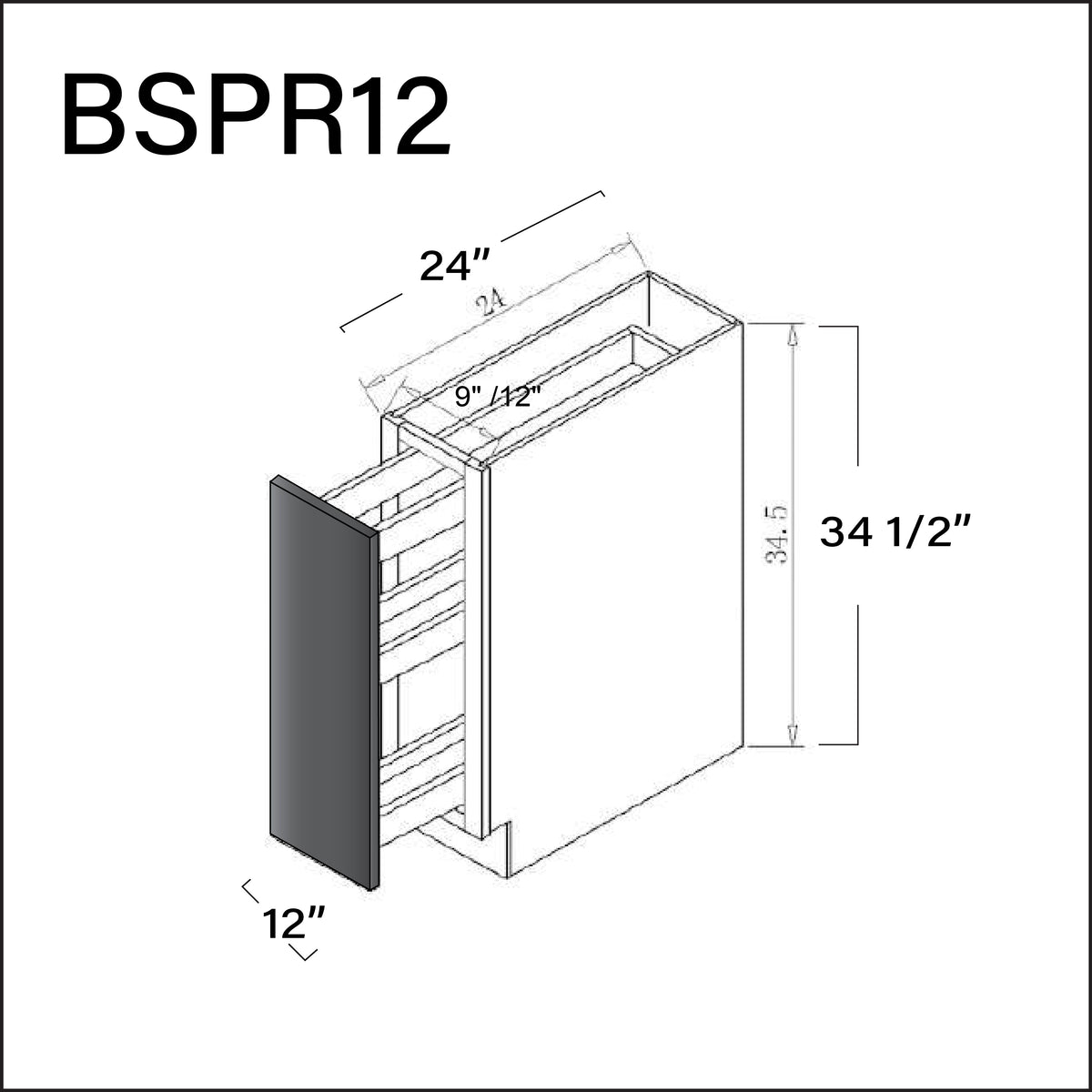 Glossy Gray Frameless Base Spice Rack Cabinet - 12" W x 34.5" H x 24" D