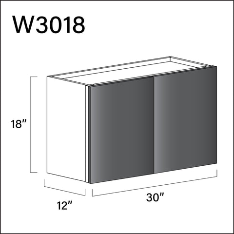 Glossy Gray Frameless Double Door Wall Cabinet - 30" W x 18" H x 12" D