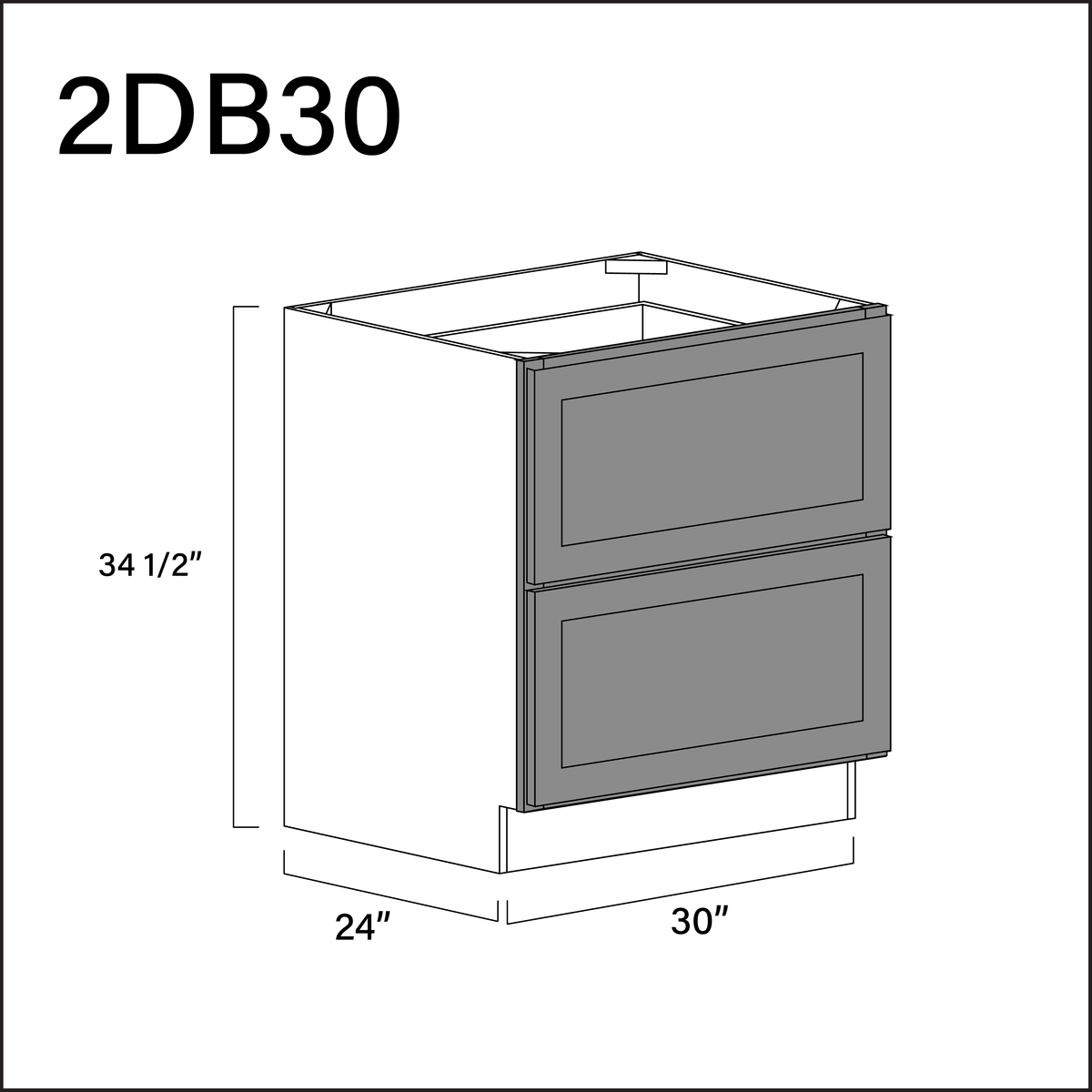 Gray Shaker 2 Drawer Kitchen Base Cabinet - 30" W x 34.5" H x 24" D