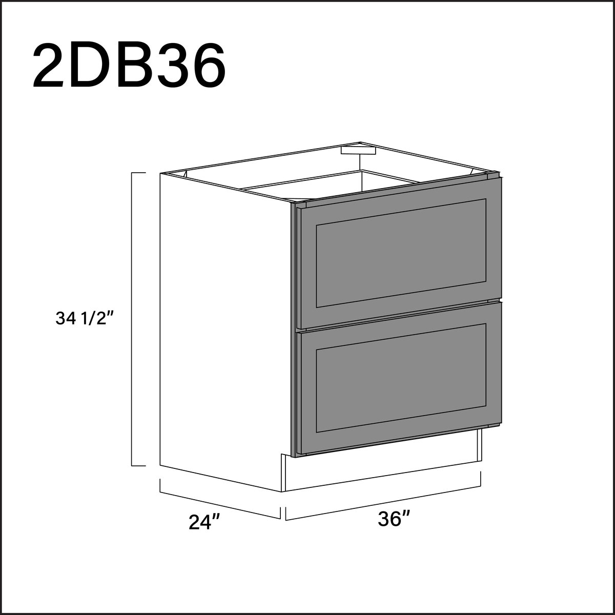 Earth Grey Shaker 2 Drawer Kitchen Base Cabinet - 36" W x 34.5" H x 24" D