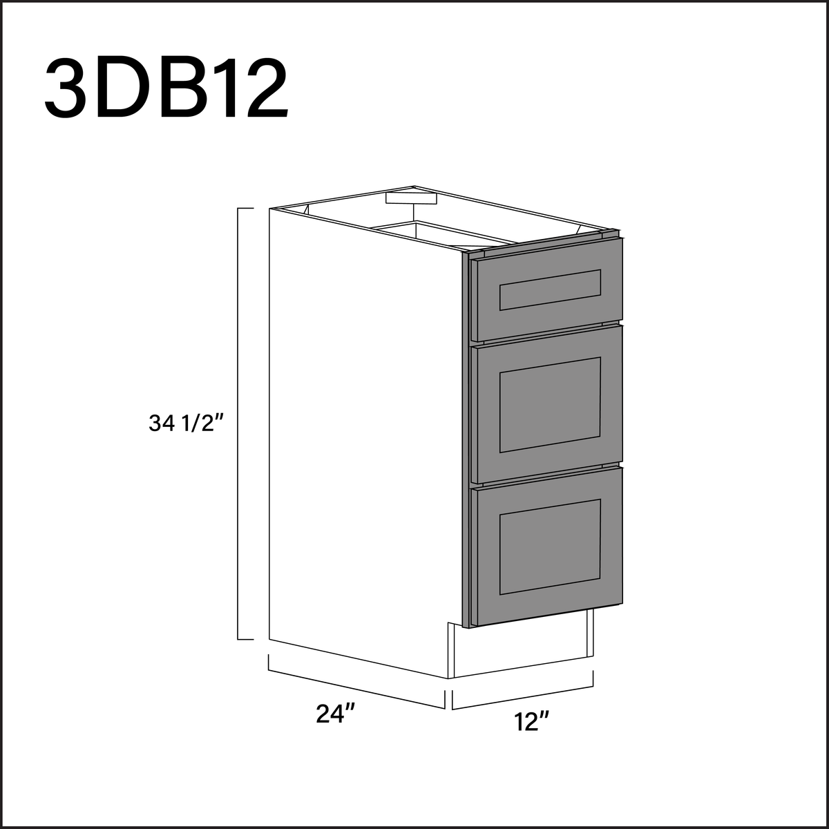 Earth Grey Shaker 3 Drawer Kitchen Base Cabinet - 12" W x 34.5" H x 24" D