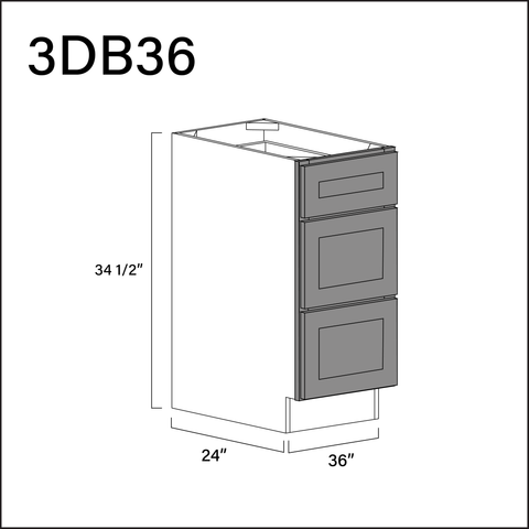 Earth Grey Shaker 3 Drawer Kitchen Base Cabinet - 36" W x 34.5" H x 24" D