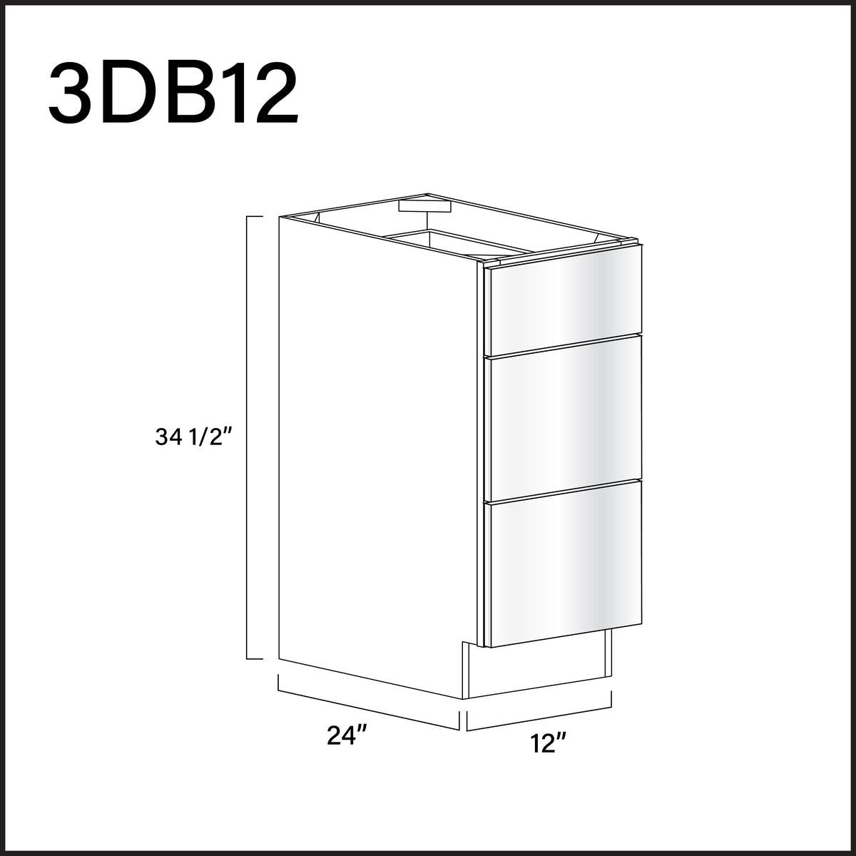 Glossy White Frameless 3 Drawer Kitchen Base Cabinet - 12" W x 34.5" H x 24" D