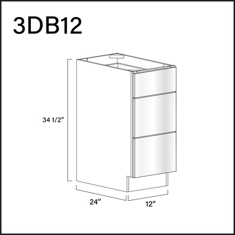 Glossy White Frameless 3 Drawer Kitchen Base Cabinet - 12" W x 34.5" H x 24" D