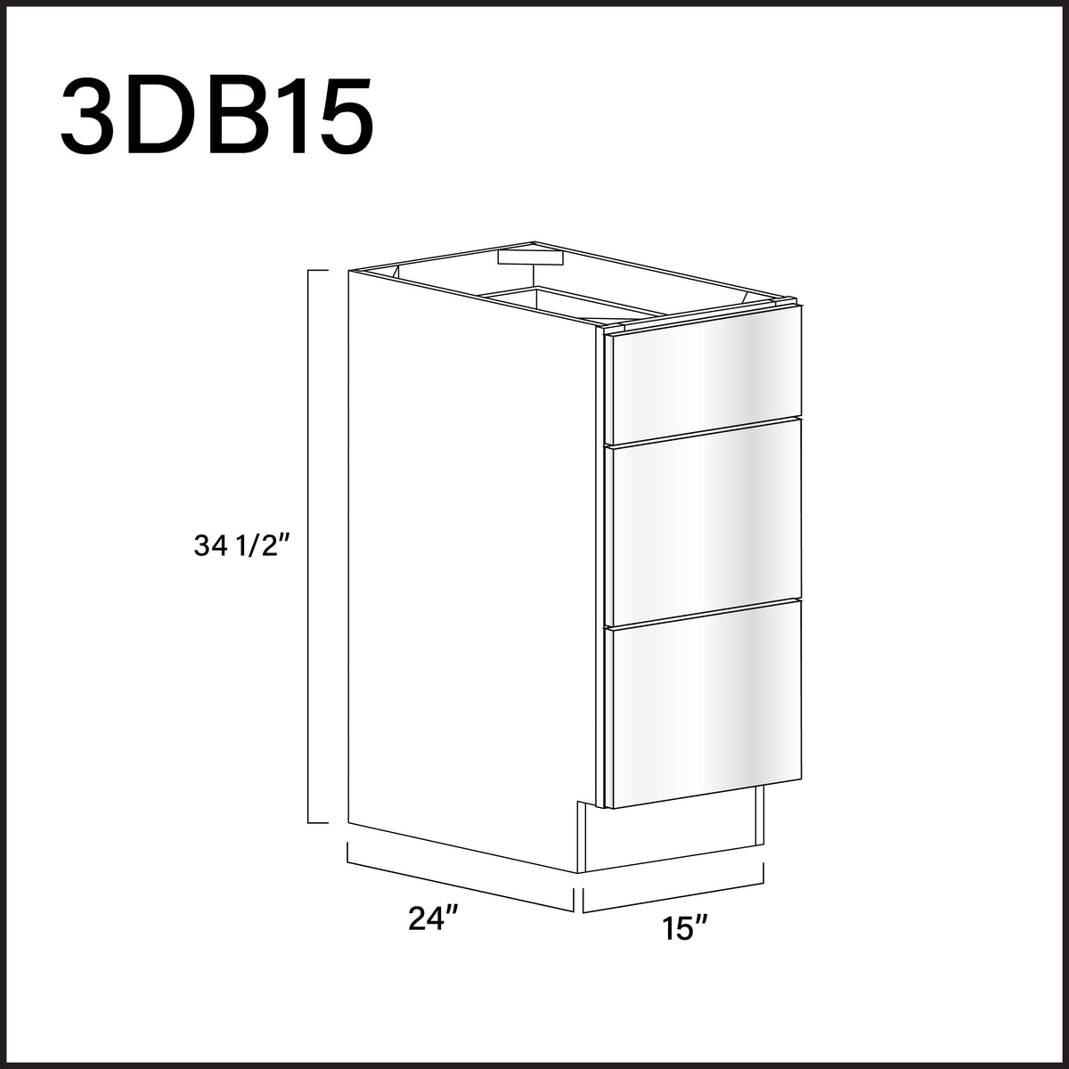 Glossy White Frameless 3 Drawer Kitchen Base Cabinet - 15" W x 34.5" H x 24" D