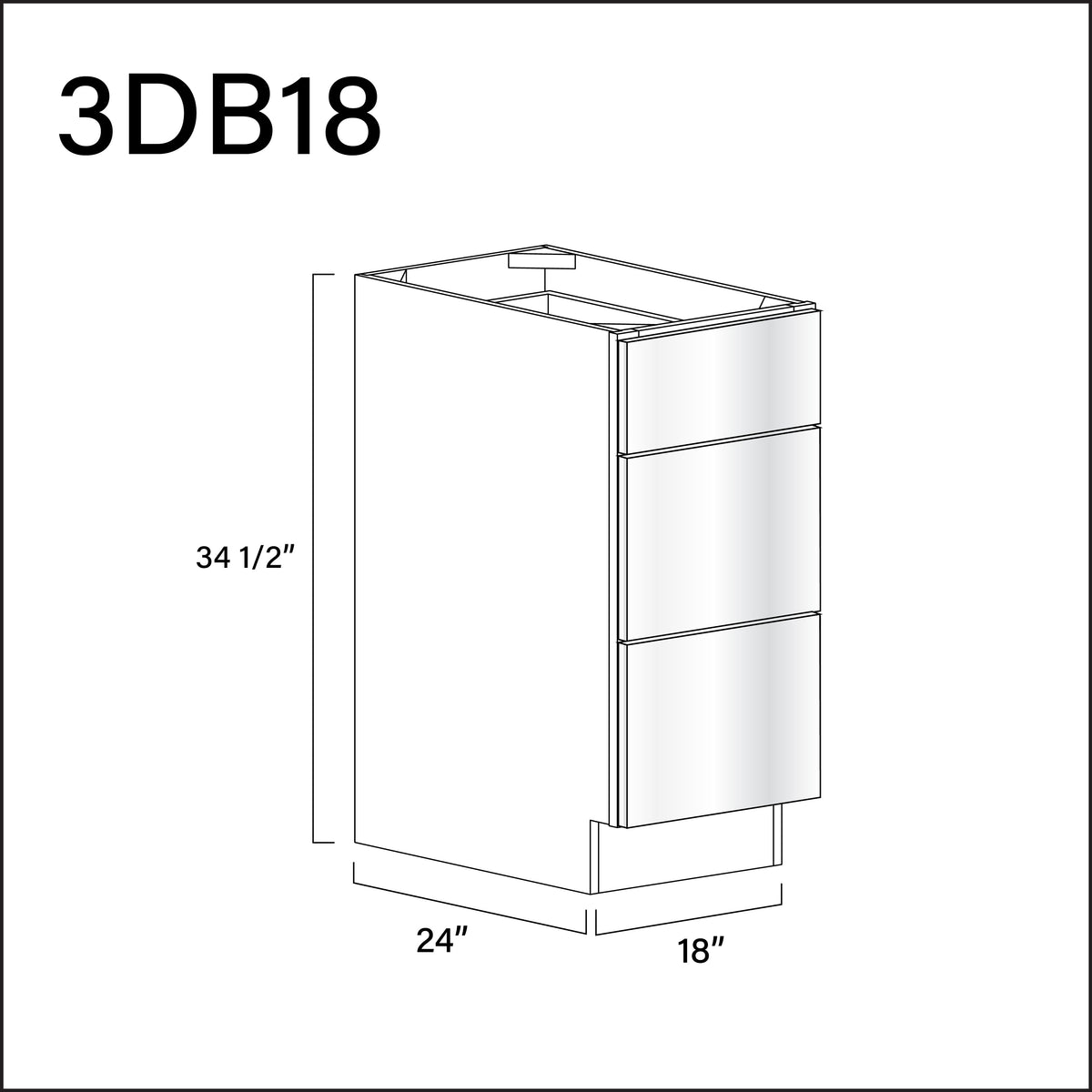 Glossy White Frameless 3 Drawer Kitchen Base Cabinet - 18" W x 34.5" H x 24" D