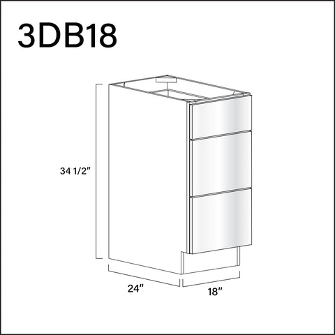 Glossy White Frameless 3 Drawer Kitchen Base Cabinet - 18" W x 34.5" H x 24" D