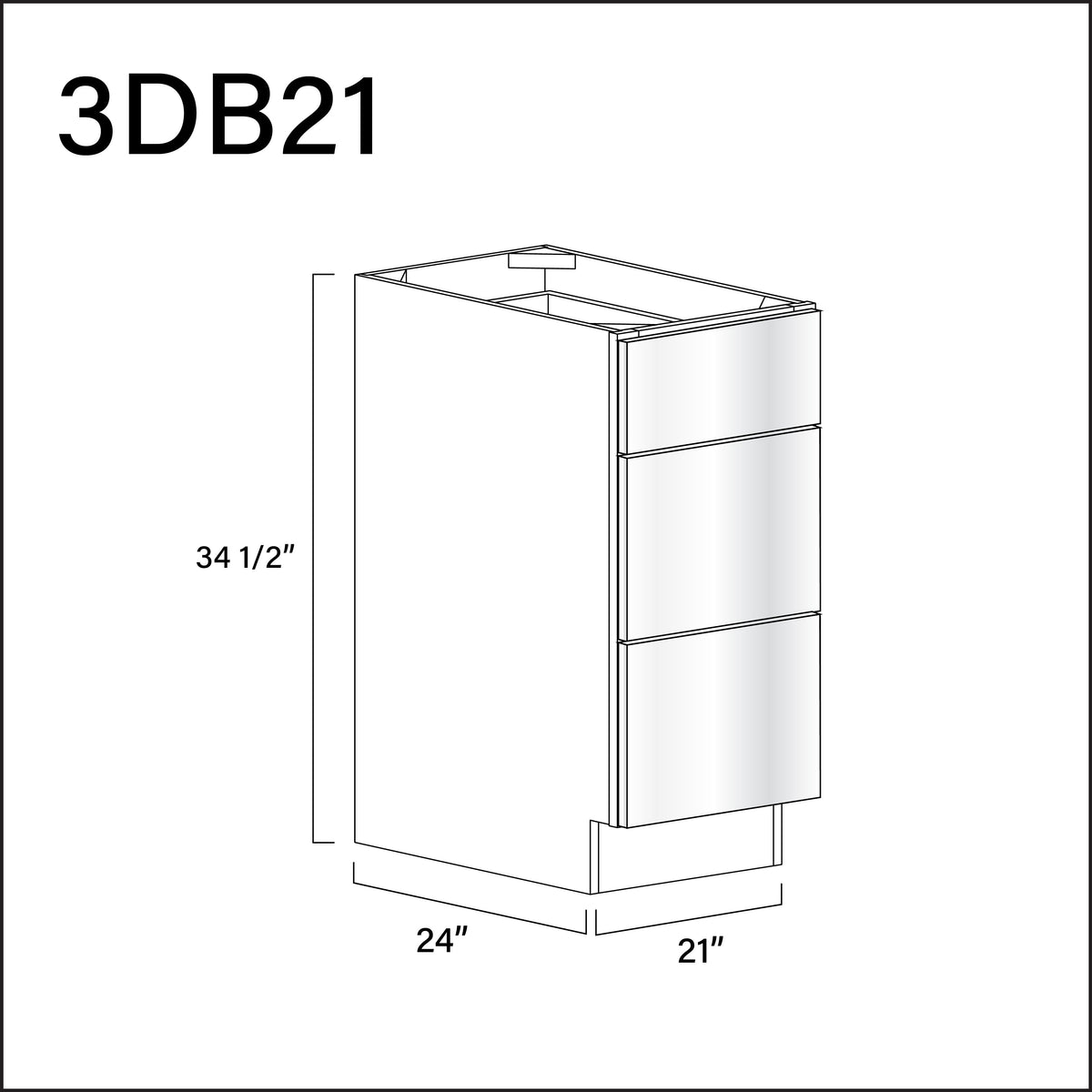 Glossy White Frameless 3 Drawer Kitchen Base Cabinet - 21" W x 34.5" H x 24" D